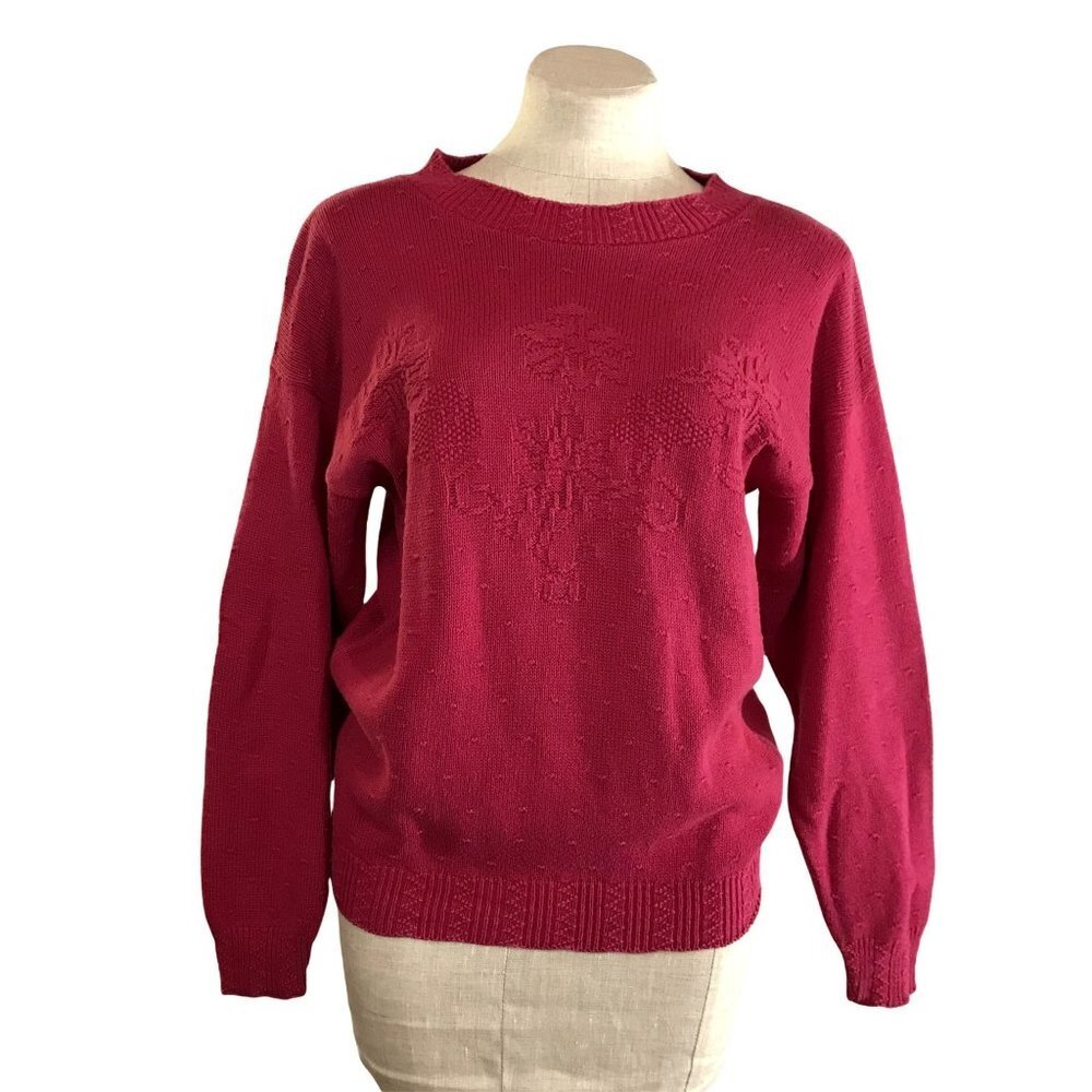 Vintage 80s Cottagecore Pullover Sweater Berry Red Size Small Needlepoint